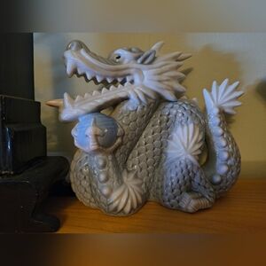 Intricate Gray and White Ceramic Dragon Sculpture